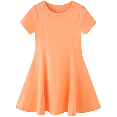 Rysly Toddler Kids Girls Cotton Short Sleeve Flared Swing Pleated A-Line Skater Dress (Light Orange 100) Cover
