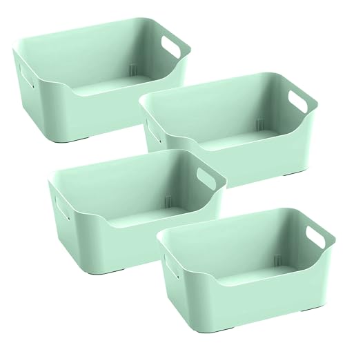 Image of KOLORR Jolly Plastic Medium Baskets with Handle for Storage Box| Multipurpose Light Weight Plastic Baskets organiser for Make-up Stationary Cosmetics Kitchen Livingroom Bathroom | Pack of 4 - Mint