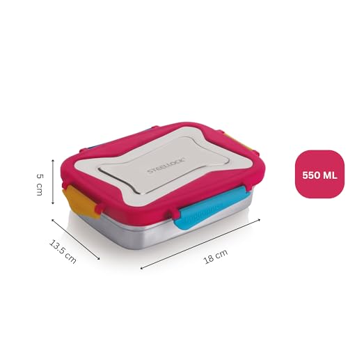 Image of STEELLOCK Smart Stainless Steel Tiffin Lunch Box for Kids and Adults | Airtight & Leakproof | Rectangle Tiffin Box for School & Office with Steel Lid | Juliet 550ml - 2pc