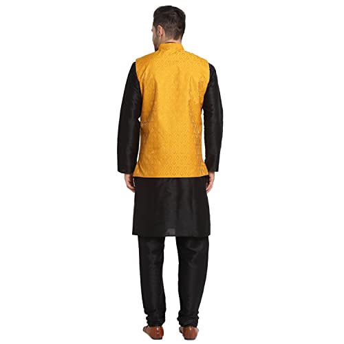 Image of KRAFT INDIA Mens Gold Silk Blend Kurta and Churidar Set With Jacquard Paisley Nehru Jacket