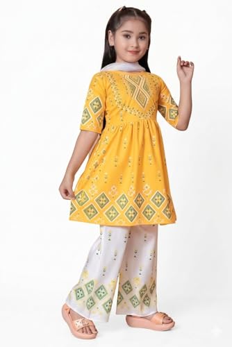 Image of Trend Ethnic Girls' Kurta & Palazzo Set, 100% Cotton, Full Sleeve, Solid Pattern, Classic Style, Relaxed Fit, Lightweight, Festival Wear