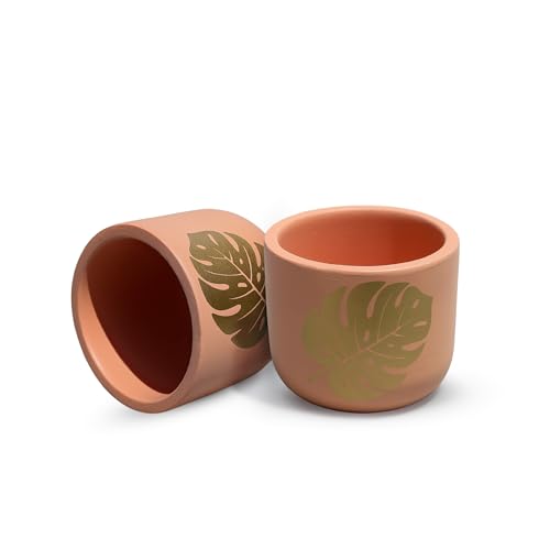 Image of Urban Plant Monstera Muse Handcrafted Terracotta Planter | Monstera Leaf Design | Indoor Clay Pot for Living Room | Artisan Decorative Flower Pot | Drainage Hole | 4.5 Inch
