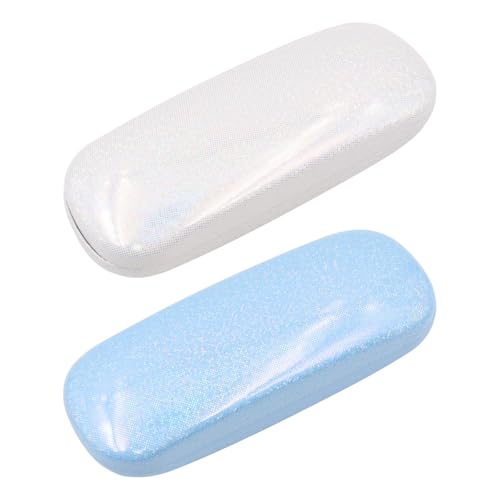 Image of POFET 2 PCS Hard Shell Glasses Case Glitter Leather Glasses Case Fits Most Men'S And Women'S Glasses And Sunglasses Student Glasses Case (Blue And White)