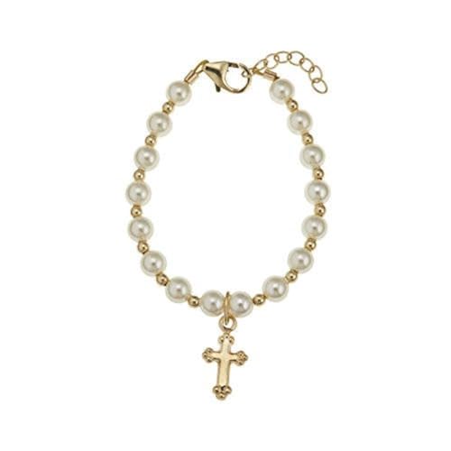 Image of Christening 14KT Gold-Filled Beads | Cream European Simulated Pearls | Cross Charm Luxury Baby Bracelet | Baptism Unisex Child Bracelet
