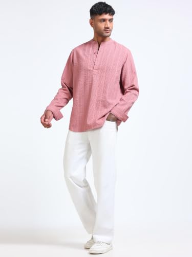 Image of StitchX Men's Seersucker Band Collar Pure Cotton Striped Kurta Shirt-S-2XL