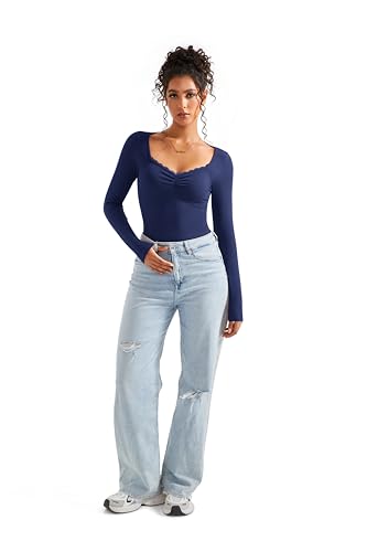 Image of SUUKSESS Women Sweetheart V Neck Long Sleeve Tops Lace Trim Ribbed Modal Fall Going Out Shirts