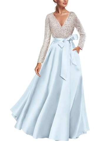 Caodip Womens Light Blue Satin Evening Dresses with Sleeves Plus Size Sequin Floor Length Elegant Formal Prom Gowns for Evening Long Sleeves A Line Ball Gowns with Pockets US22W