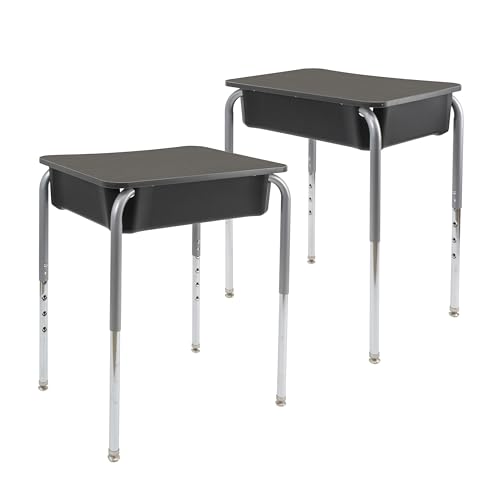 FDP 18" x 24" Belly Curve Classroom Open Front Desk, Adjustable Swivel Gilde Legs (19-30"Height) with Plastic Black Book Box for School Supplies, 2-Pack, Easy Assembly - Cosmic Strandz/Graphite/Silver