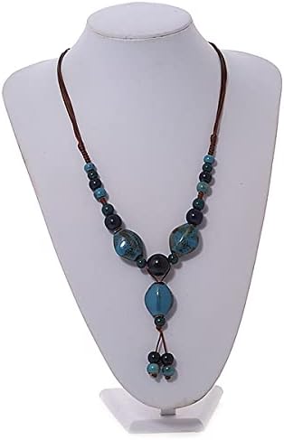 Avalaya Teal/Blue Oval/Round Ceramic Bead Tassel Necklace with Brown Silk Cord/ 70-80cmL/ Adjustable, teal, blue - Image 4