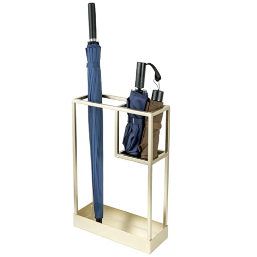 MyGift Modern Brass Tone Metal Entryway Umbrella Rack with Geometric Design, 13 x 5-inch Wide Rectangular Freestanding Cane Umbrella Holder with Shelf for Small Umbrellas and Bottom Drip Catch Tray