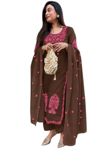 Image of ANNI Designer Women's Rayon Viscose Embroidered Straight Kurta with Pant & Dupatta
