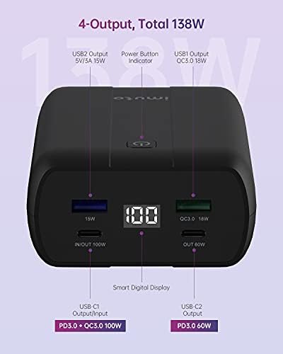 imuto 138W Laptop Power Bank, 20000mAh USB C Power Delivery Portable Charger with Dual USB-C PD (100W&60W) & 2 USB-A (15W&QC3.0 18W) Battery Pack for MacBook Air/Pro, HP, Dell, Lenovo, iPhone, tablet