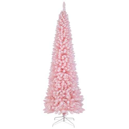 Goplus 8ft Pink Slim Pencil Christmas Tree, Snow Flocked Artificial Unlit Skinny Xmas Full Tree with...