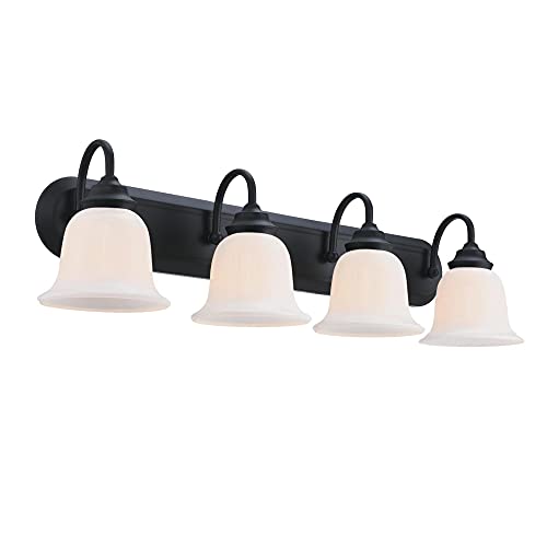 Image of Westinghouse 6117100 Harwell Traditional Four-Light Indoor Vanity Light Fixture, Matte Black Finish, White Opal Glass