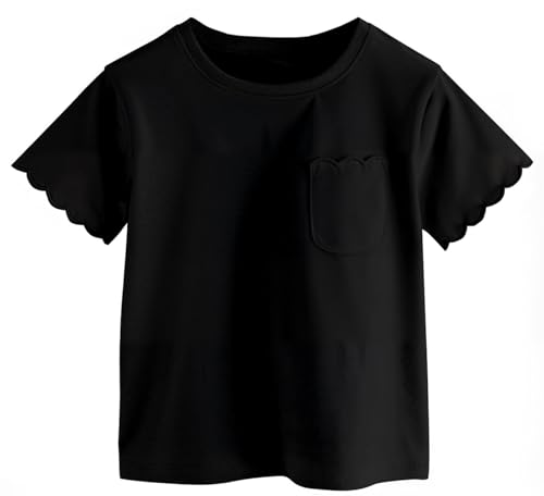Girls Scalloped Edged Sleeves T-Shirts with Pocket 3-6 Years Casual Cotton Tee Tops Blouse