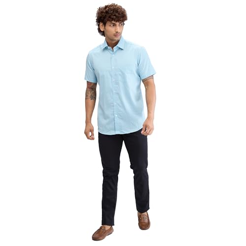 Image of Colorplus Men's Regular Fit Print Pattern Pure Cotton Plain Collar Half Sleeve Casual Shirt