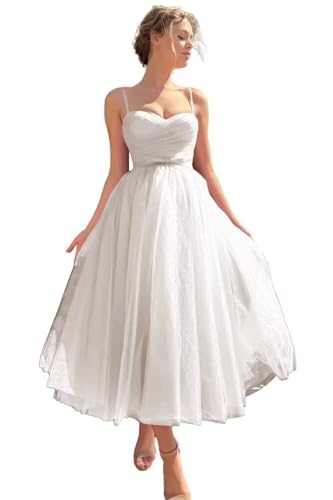 Image of A line Ruched Tulle Prom Dress Spaghetti Straps for Women, Tea Length Sweetheart Homecoming Dress Cocktail Dress