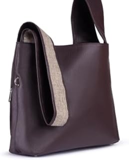 شنطة يد هوبو من الجلد مع حزام من الكتان، شنطة كتف قابلة للتعديل بلون بني