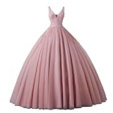 Engerla Women's V Neck Pink Quinceanera Dress Sequined Applique Formal Party Prom Ball Gowns US16