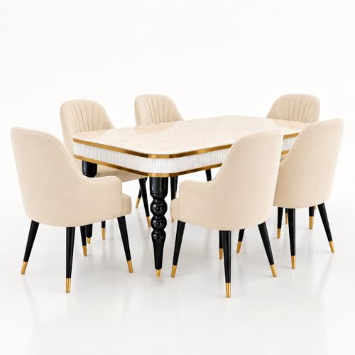 Image of 6-Seater Dining Table Set with Nano Composite Marble Top | Golden PVC Wooden Base | Includes 6 Fabric Upholstered Chairs | 2 Year Warranty | Dining Room Furniture Set for Home (Cream)