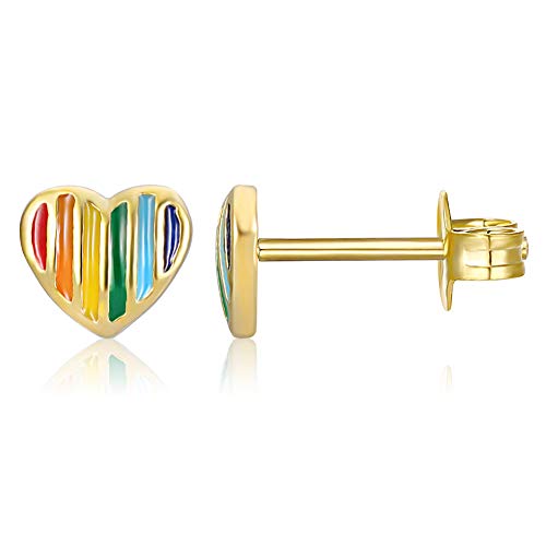 AoedeJ 14K Gold Plated Heart Stud Earrings Sterling Silver Earrings Rainbow Heart Small Stud Earrings