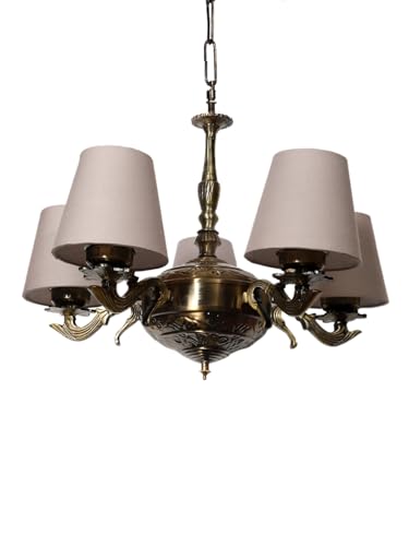 Image of Devansh 05 Lights Grey conical Cotton Shade with Antique Golden Chandelier