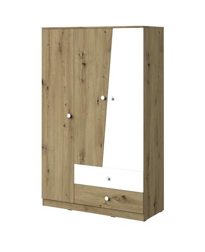 MINIO go for it - Kleiderschrank Nantes, 120x190x50 cm, Schrank mit 3 Türen, Garderobenschrank Schubladen x2, Schrank Schlafzimmer mit 5 Einlegeböden, Kleiderschränke, Artisan Eiche/Weiss Matt