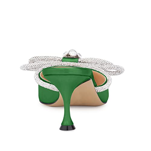 Vaslemuse Women Heeled Mules Rhinestone Bow Pointed Toe Mules Patent Leather Stiletto High Heels Slip On Bridal Sandals For Women Green Size 8.5 #TOP4