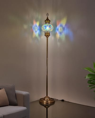 DEMMEX 10" Diameter Largest Mosaic Globe Turkish Floor Lamp, Handmade Moroccan Standing Lamp, Antique Brass Finish, 5.5 ft Tall (Multicolor)