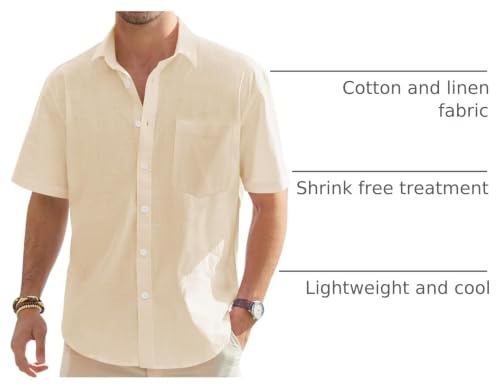 Image of J.VER Mens Linen Shirt Short Sleeve Button Down Casual Summer Shirts | Cotton Linen, Untucked, Big Tall, from Beach Camp Vacation, Cruise Fishing, Work Office, to Wedding Party Family, with Pocket