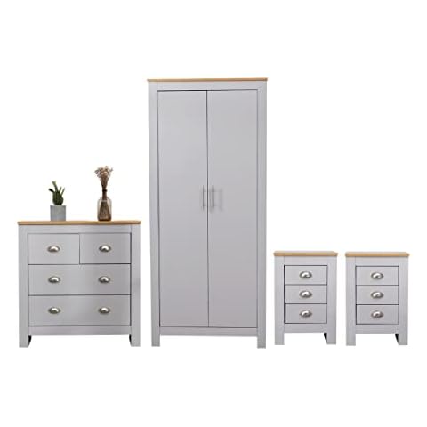 Kingwudo® Grey Bedroom Furniture 4 Piece Set(3 Drawers Bedside Table*2; 2+2 Drawers Chest; 2 Door Wardrobe) Modern Storage Wardrobe and Chest of Drawers Set Cover