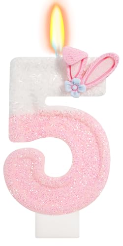 ElekFX Cute Bunny Number 5 Candle Glitter Pink White Rabbit Cake Topper for Kids Bunny Birthday Decorations for 5th Birthday Zoo Animal Party Supplies