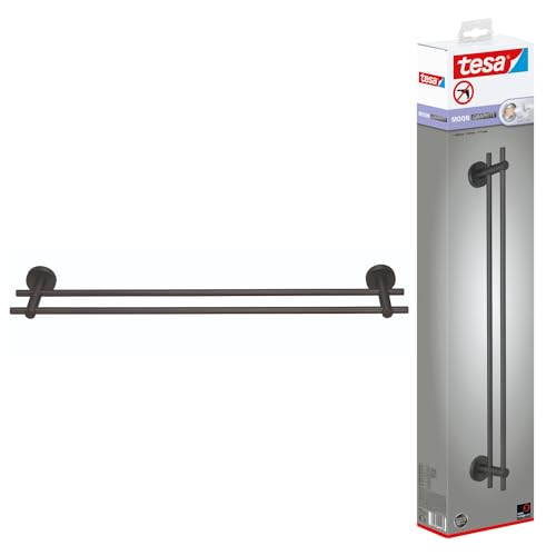 tesa Moon Graphite Doppel-Handtuchstange in gebürstetem Grafit - Selbstklebender Handtuchhalter mit 2 Stangen - aus PVD-beschichtetem Metall - ohne Bohren, inkl. Klebelösung - 640mm x 49mm x 115mm