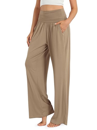 Image of ODODOS Women's Wide Leg Palazzo Lounge Pants with Pockets Light Weight Loose Comfy Casual Pajama Pants-28 Inseam, Peanut, Medium