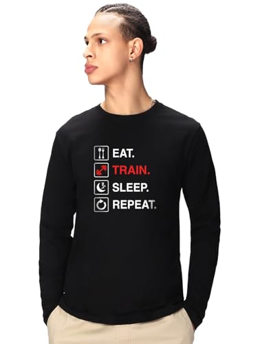 Image of Bewakoof Men Typography Regular Fit Full Sleeve Round Neck Pure Cotton T-Shirt
