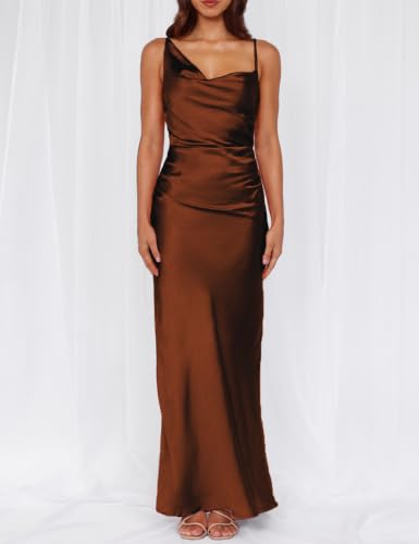 Image of Formal Satin Silk Spaghetti Strap Maxi Dresses for Women Wedding Guest