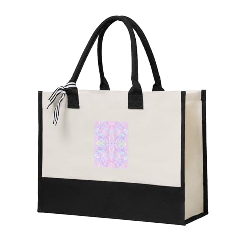 Iridescent Rainbow Opal Dripping Glitter Durable Cotton Blend Canvas Tote Bag, Spacious Reusable Gift Bag for Travel, Beach & Shopping