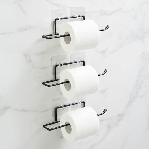Image of Amazon Basics Self-Adhesive Toilet Paper Holder | Wall-Mounted Bathroom Tissue Roll Hanger | Rust Proof GI Steel with Powder-Coated Black Finish | 24.8L X 5.47W x 4.8H cm, Pack of 3