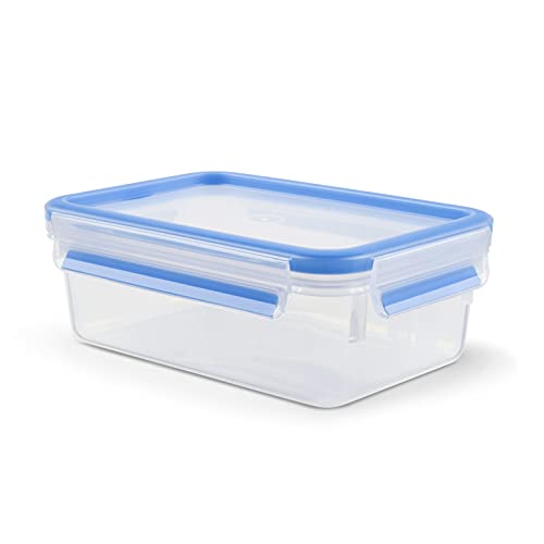 EMSA Clip & Close Frischhaltedose, rechteckig, 1 L, mit Deckel, Aufbewahrungsbox, 100 Prozent dicht, spülmaschinen-, gefrier-, mikrowellenfest, Transparent, Blau, Made in Germany, 508540