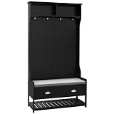 HOMCOM 3-in-1 Hall Tree, Entryway Bench with Coat Rack, Mudroom Bench with Shoe Rack, 2 Storage Drawers, 4 Hooks and Padded Seat Cushions for Hallway, Black