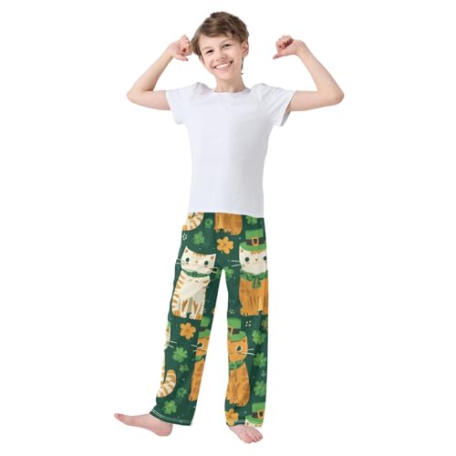 Cat Lucky Clovers Boys Long Pants Soft Trousers Elastic Waist Kids Lounge Bottoms with Pockets S-XL3