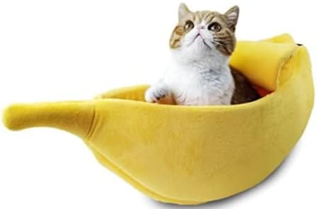 Cute Banana Cat Beds Pet Sofa Bed Cave Couch Shape Houseboat House Soft Pet Supplies Cat Cage Accessories Toys Breathable Universal in All Seasons Small Animals Mat(L 24.5 Inch, Yellow)