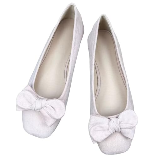 WENJIAZHIZHI Women's Bow-Knot Square Toe Ballet Flats Elegant Wedding Dressy Flat Shoes Comfortable Flat Shoes Female Slip-Ons Loafers