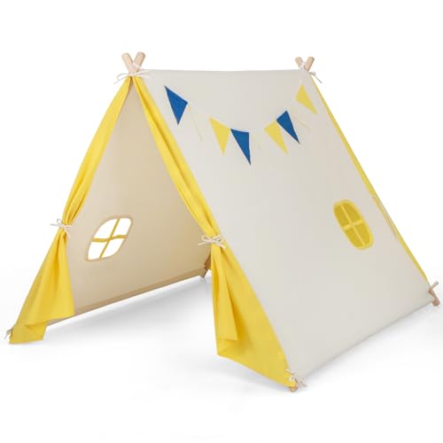 HONEY JOY Teepee Tent for Kids, Large Kids Play Tent w/Pine Wood Frame, Flags & Windows, Indoor Outdoor Playhouse Toddler Tent, 54