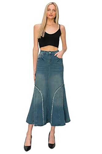 Women's Juniors/Plus Size Stretch Denim Long Mermaid Silhouette Skirt (87932)4