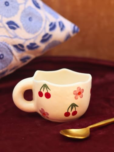 Image of WEAVING HOMES Daisy Bloom Mugs for Office, Stylish Tea Cups for Woman, Modern Coffee Mug for Travel (250 Ml) (1, WEAVING HOMES Cherry Fields Mug 220ml Mirowave & Dishwasher Safe)