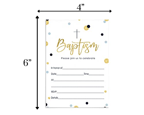 Boys Baptism Invitation With Envelopes (15 Pack) Blank Invites For Christening, Naming Ceremony, Dedication, Confirmation, Communion – Navy And Gold Theme Designs – 4X6 Card Set Printed Diy #TOP4