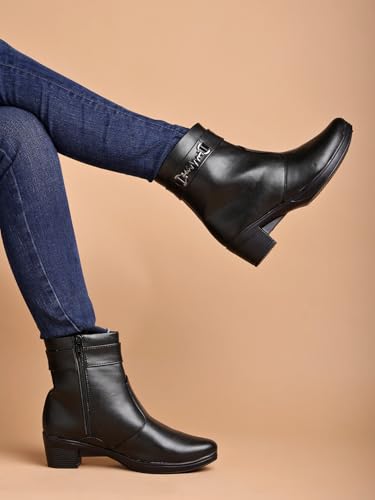 Image of Women's Ankle Boots with Side Zipper and Metal Detail Low Heel Faux Leather Booties for Everyday Comfort and Style