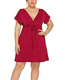 FUHUANDA Women's Plus Size Dresses Summer Sexy Deep V-Neck Short Sleeve Casual Swing Drawstring Waist Midi Dress (XXXL, Red)