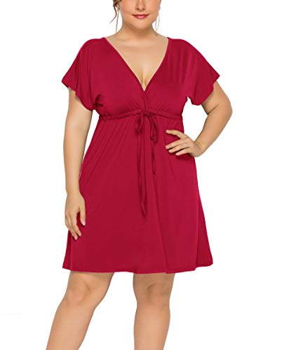FUHUANDA Women's Plus Size Dresses Summer Sexy Deep V-Neck Short Sleeve Casual Swing Drawstring Waist Midi Dress (XXXL, Red)